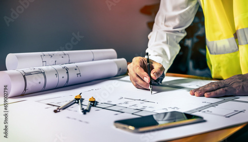 Construction workers in hardhats labor over blueprints at a table, showcasing teamwork, planning, and progress in a dynamic stock photo