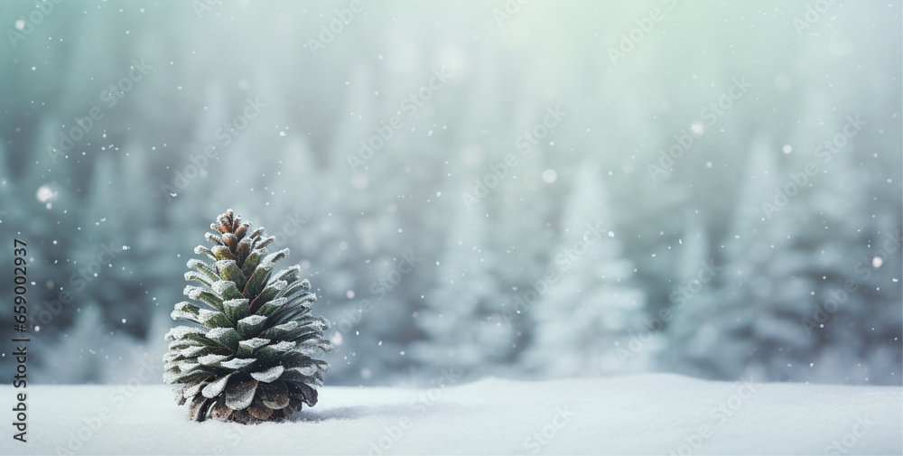 christmas tree lighted in a natural winter landscape with a pine cone, christmas tree light