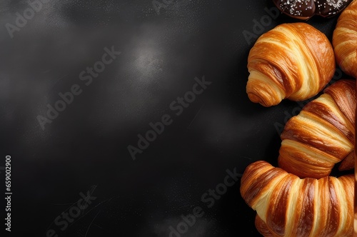 A bunch of fresh and golden brown croissants on a black table, tTop view. Copy space for text, advertising, message, logo, breakfast concept,
