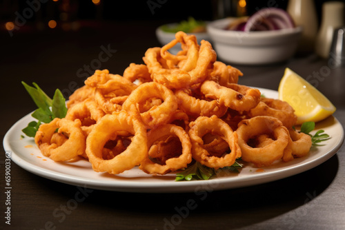 Crispy calamari rings with lemon on a plate close up