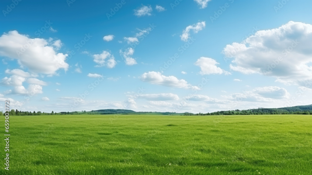 Beautiful natural scenic panorama green field of cut grass into and blue sky with clouds on horizon.