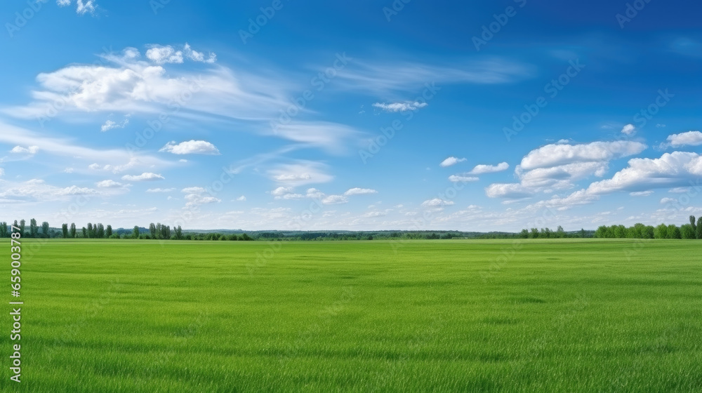Beautiful natural scenic panorama green field of cut grass into and blue sky with clouds on horizon. Beautiful natural scenic panorama green field of cut grass into and blue sky with clouds on horizon.