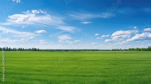 Beautiful natural scenic panorama green field of cut grass into and blue sky with clouds on horizon.
