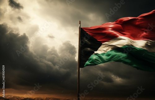 the flag of Palestine waving against a dark cloudy sky, high above a stormy backdrop, symbolic captivating documentary photo © Kresimir
