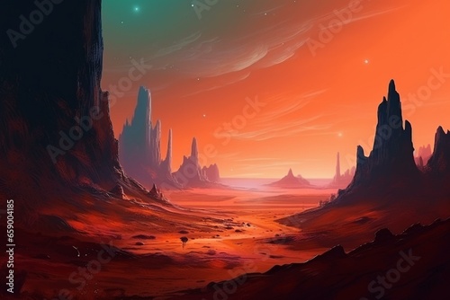 Concept art of an extraterrestrial planet. A digitally created landscape in a 2D illustration. Generative AI