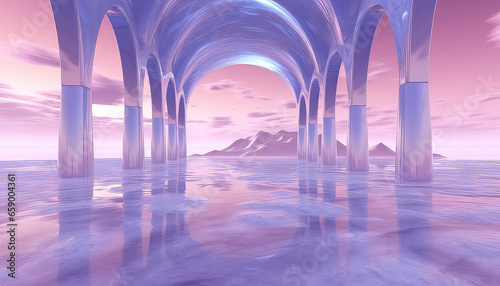 abstract fantasy landscape with water, rocks, mirror arch, neon frame and cloud. minimalist aesthetic wallpaper