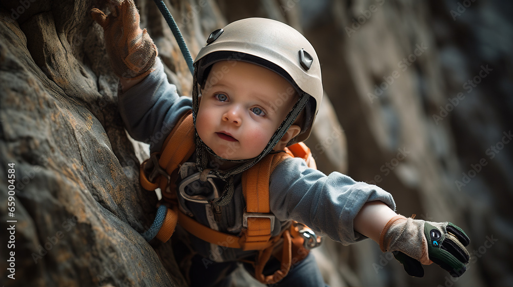 Fototapeta premium Wrapped in climbing-themed attire, a baby reaches out playfully