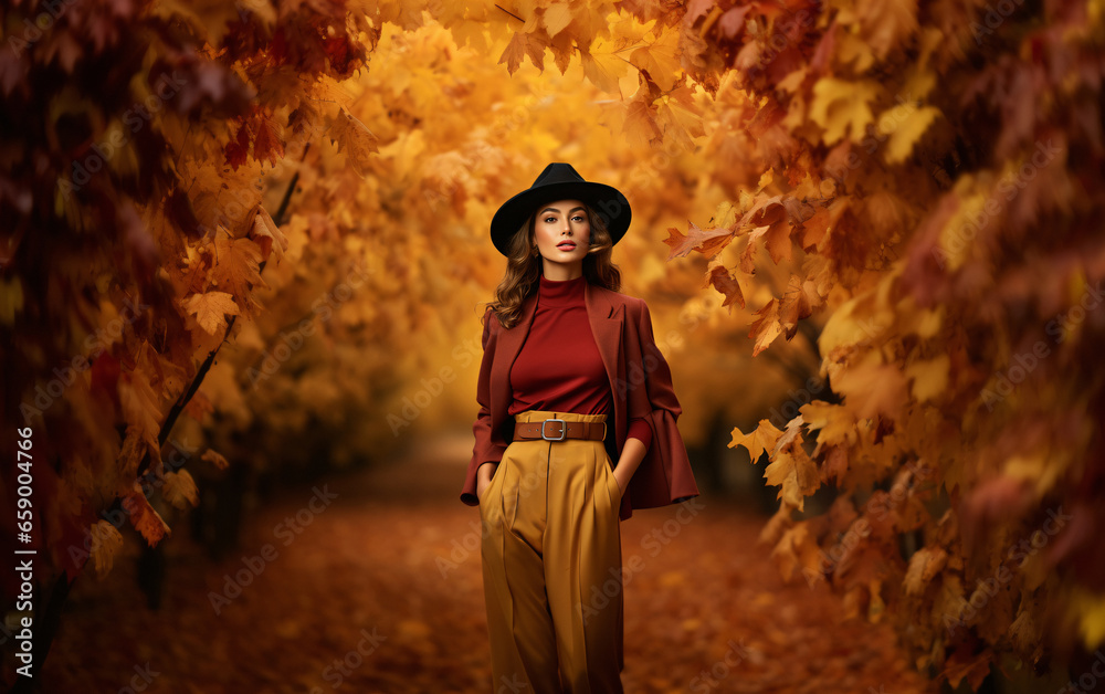 Autumn Portrait of a young beautiful strong woman in a suit and hat against the background of autumn trees and yellowed leaves Autumn Portrait of a young beautiful strong woman in a suit and hat against the background of autumn trees and yellowed leaves