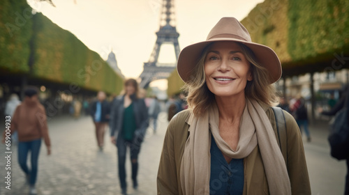 Elegant Parisian Portrait: A Stylish Woman Over 50, Adorned with a Hat, Gracefully Poses Against the Iconic Eiffel Tower Backdrop in Paris, France.
