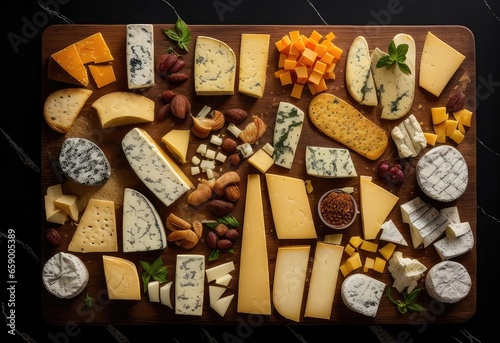 Famous cheese varieties around the world represented on a wooden table, top view