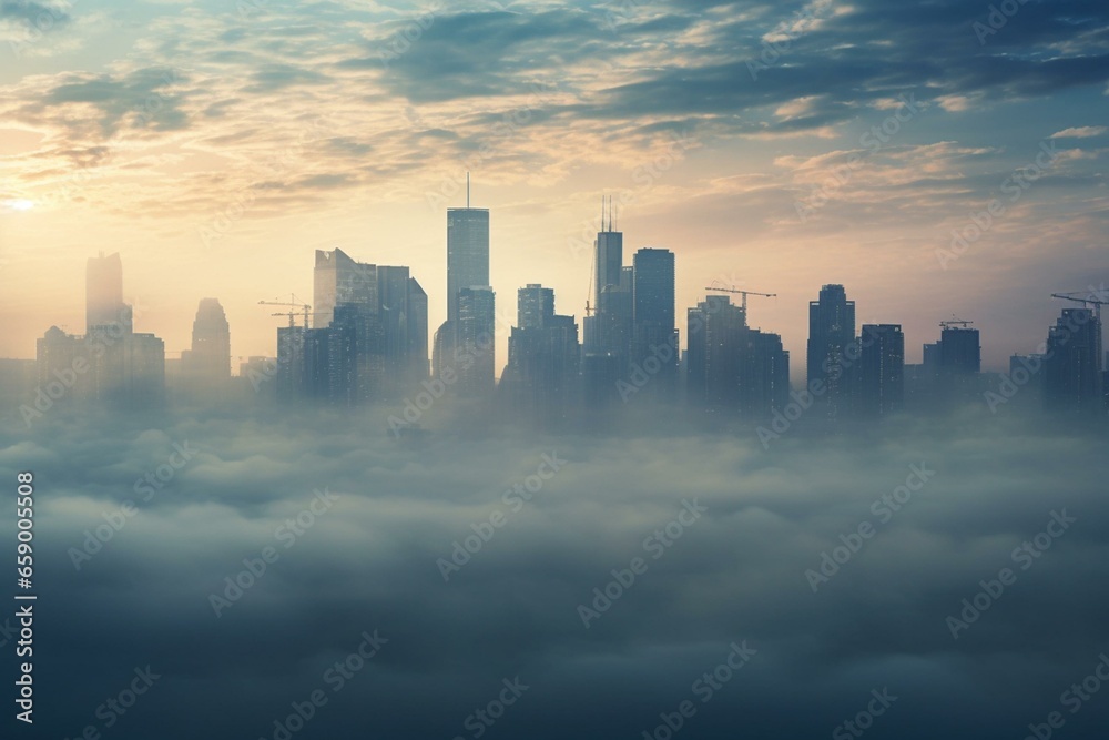Foggy city skyline with office buildings. Generative AI