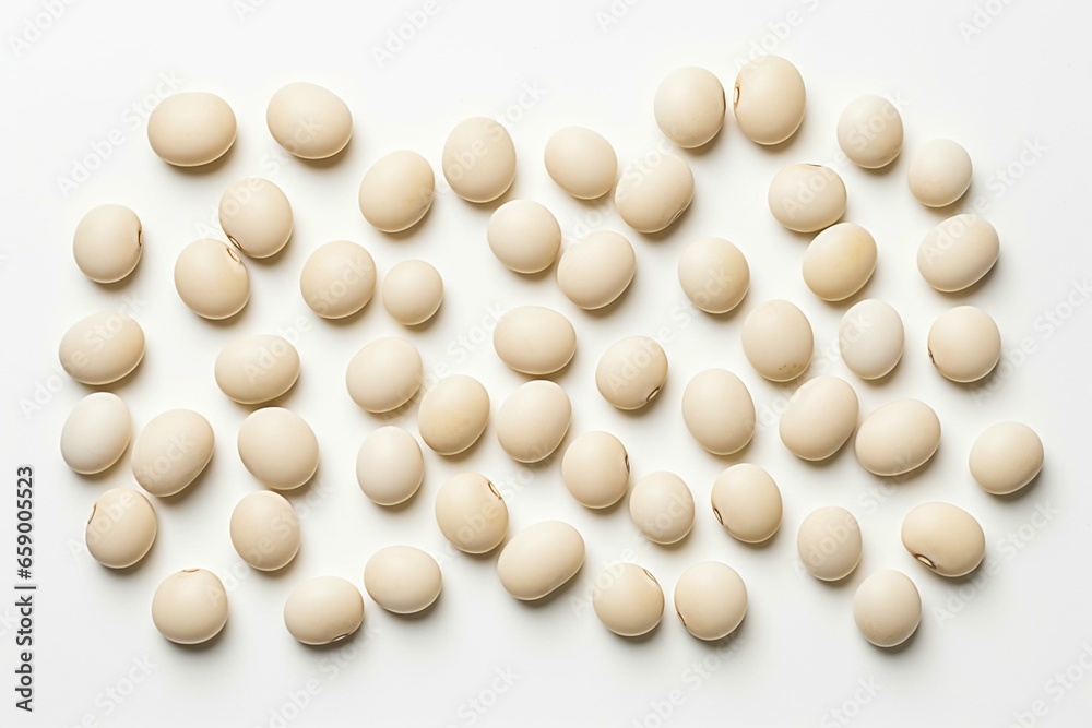 White isolated soybeans. Top view. Flat lay. Macro. Generative AI