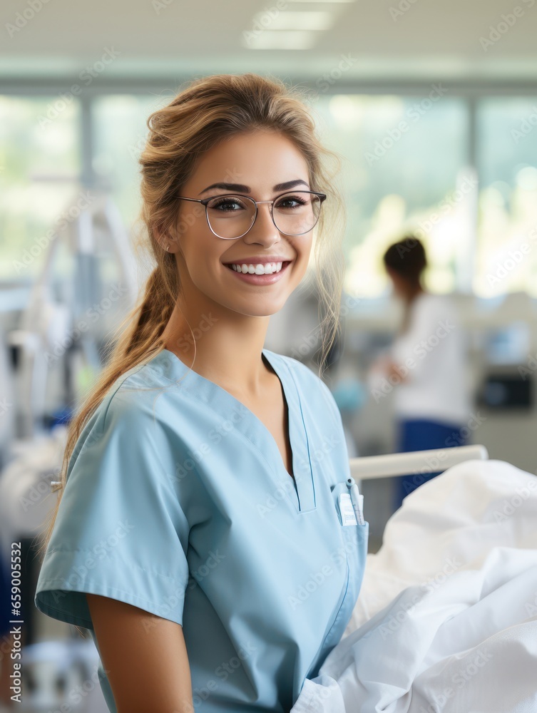 Fototapeta premium young beautiful nurse and stands in the corridor of the hospital. Medicine concept