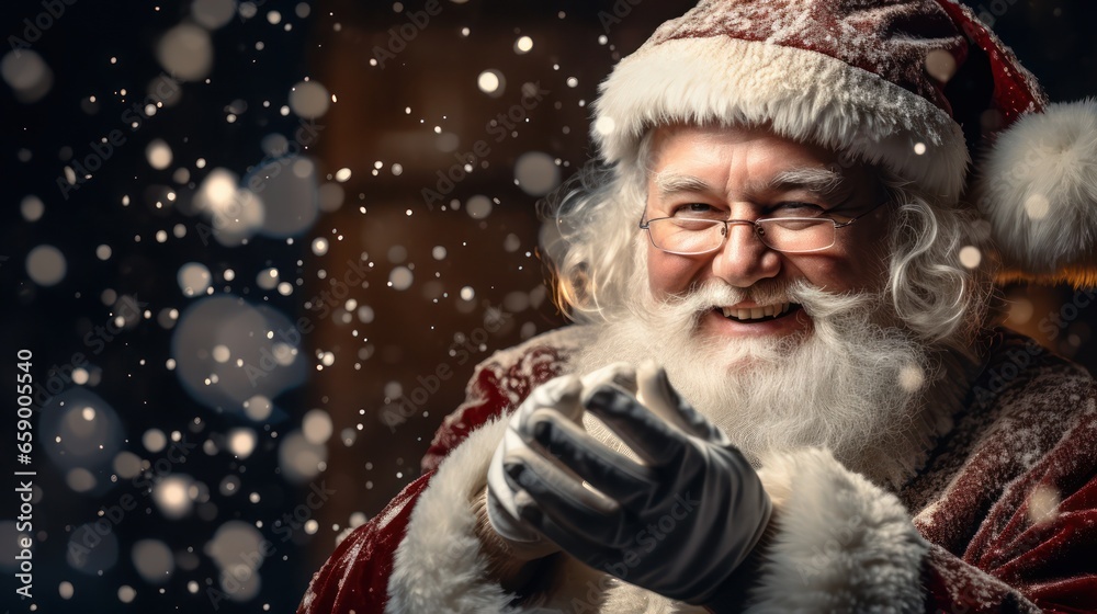 Close up photo of positive cheerful santa claus looking in camera wearing a red costume hat Close up photo of positive cheerful santa claus looking in camera wearing a red costume hat