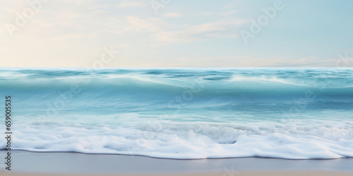 Ocean waves crashing on sandy beach. Panoramic beach landscape. Tropical beach surf.