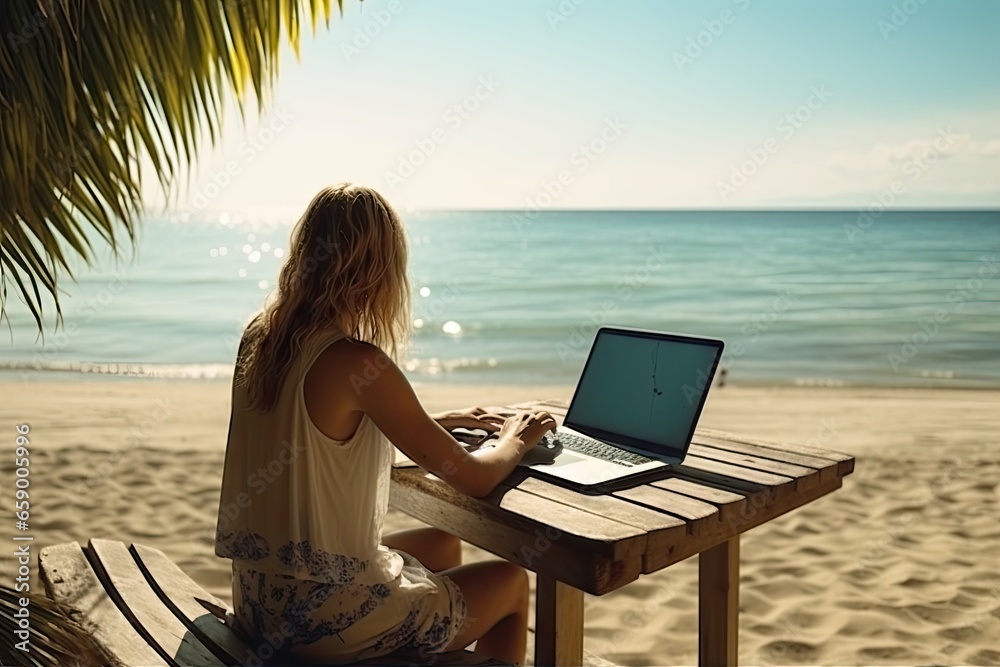 Remote work by sea. Freelancer on beach vacation. Balancing play. Businesswoman seaside office. Digital nomad laptop