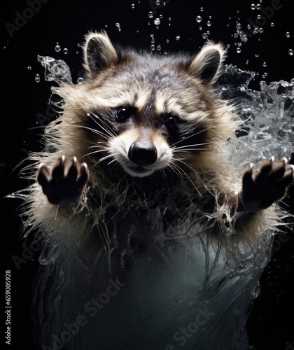 Raccoon falling into the water, splashing © cherezoff