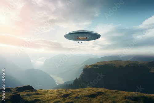 UFO hovering above faraway world. Generative AI