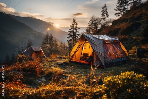 A cozy tent nestled among towering pine trees invites adventurers to rest and rejuvenate.