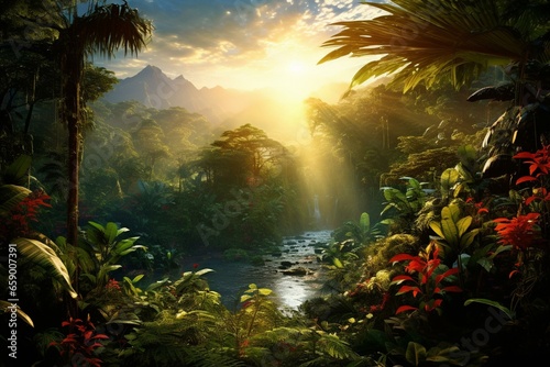 Sunny rainforest jungle wallpaper. Generative AI