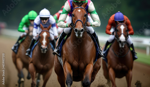 Many horses and their jockeys are competing on the racetrack, exciting horse racing concept. 