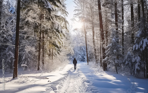 Silhouette of a man on a winter walk in the forest, back view, landscape, winter vibe and walking alone in the forest