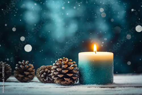 Blue candle with pine cones and a fir branch, New Year's decor, bokeh background, place for text. Generative AI.