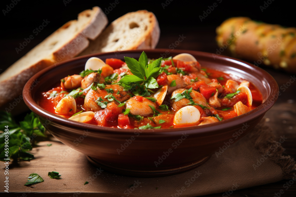 Fish soup. Cacciucco Italian Tuscany fish soup