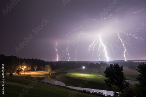 Golf course in shock with lightning bolts and light streaks in a dark night sky. Hazy atmosphere creates a scary scene of damage and destruction. Generative AI