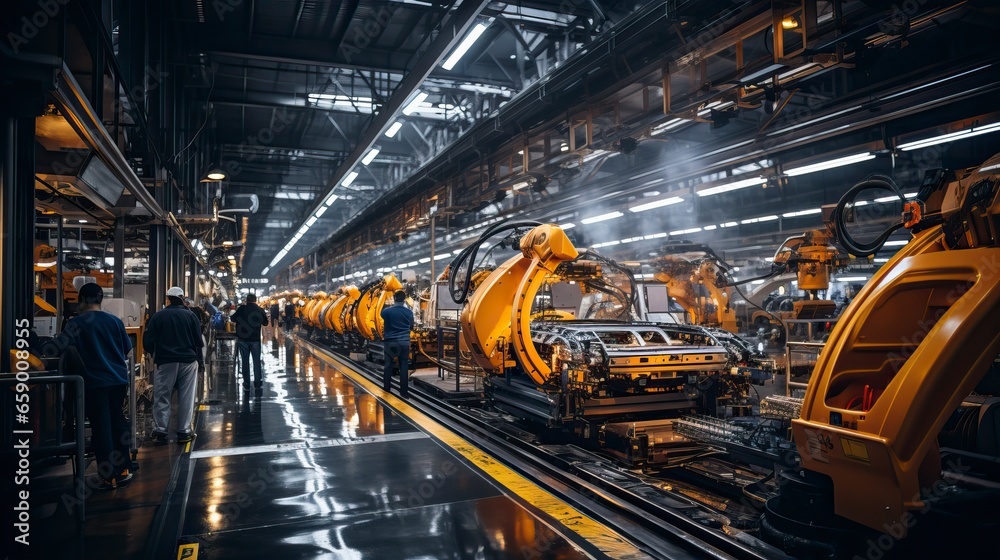 A high-tech factory floor with robotic assembly lines.
