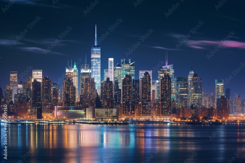 Nighttime view of New York City skyline from New Jersey, showcasing Hudson Yards and Manhattan's midtown. Startup, business model, hologram. Generative AI