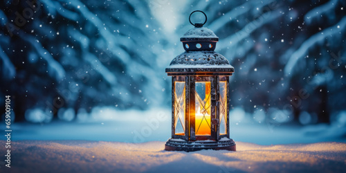 Christmas candle lantern in snowfall against blurred forest background. Selective focus and shallow depth of field.