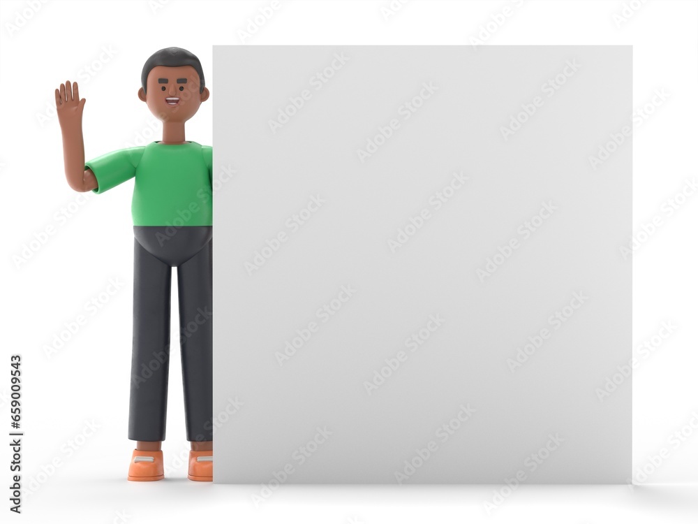 3D illustration of afro man David with hand up, stands behind the blank poster, isolated on white background. Modern minimal cartoon character concept.
