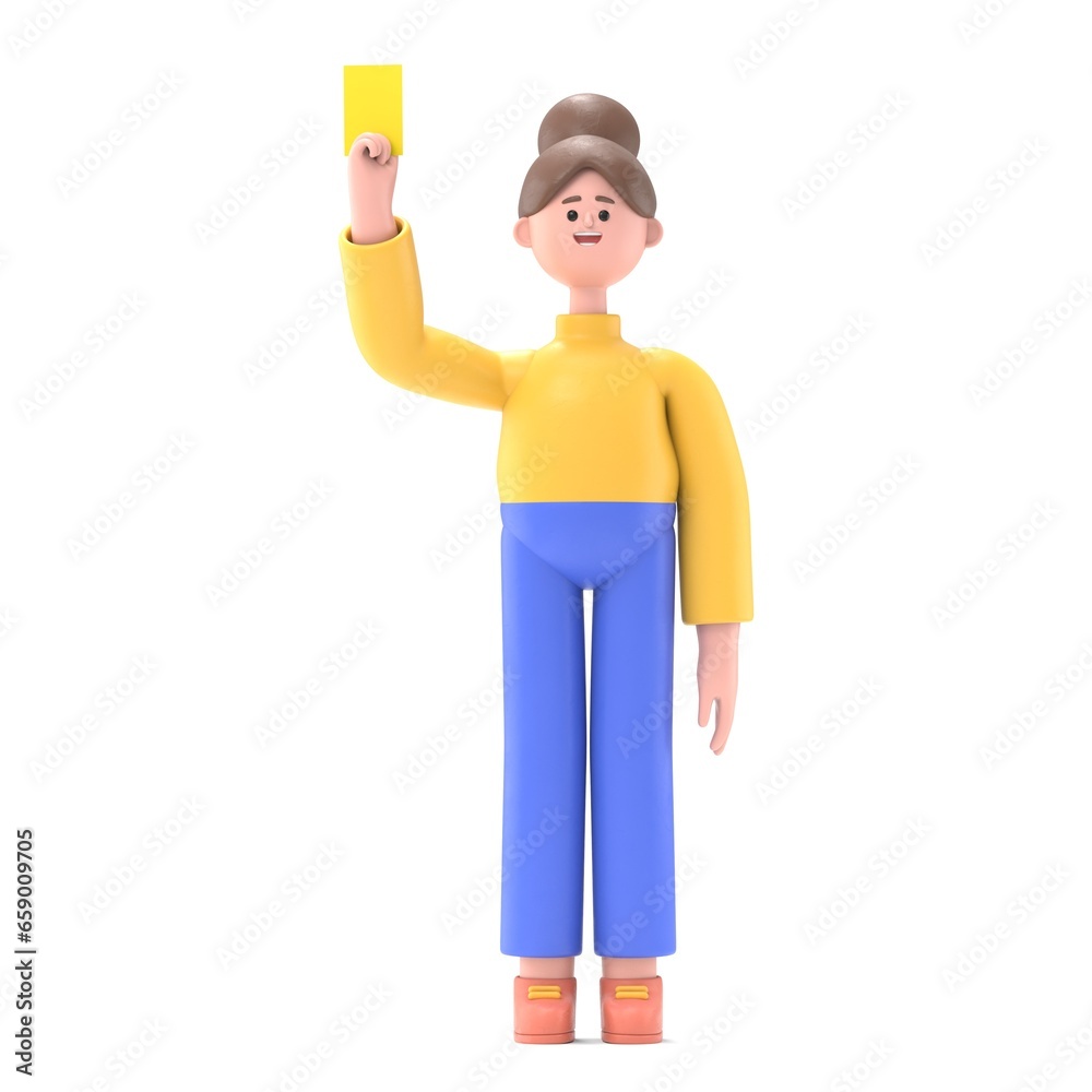 3D illustration of Asian woman Angela showing yellow card.3D rendering on white background.

