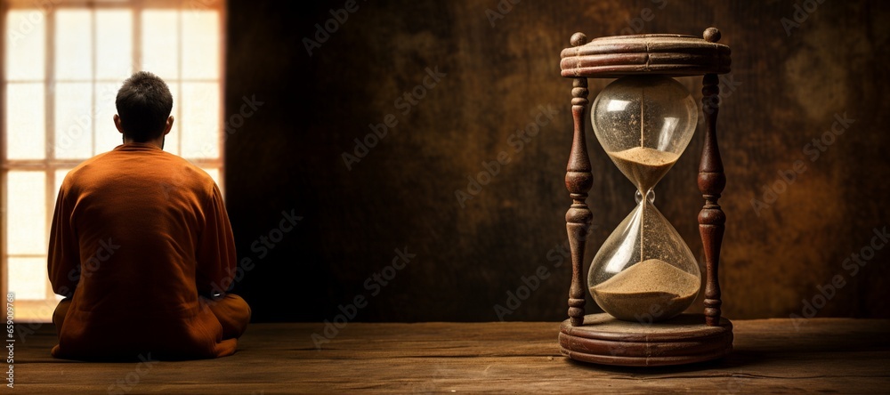 A monk meditating beside an hourglass, symbolizing the passage of time and the monk's contemplation of mortality - obrazy, fototapety, plakaty 