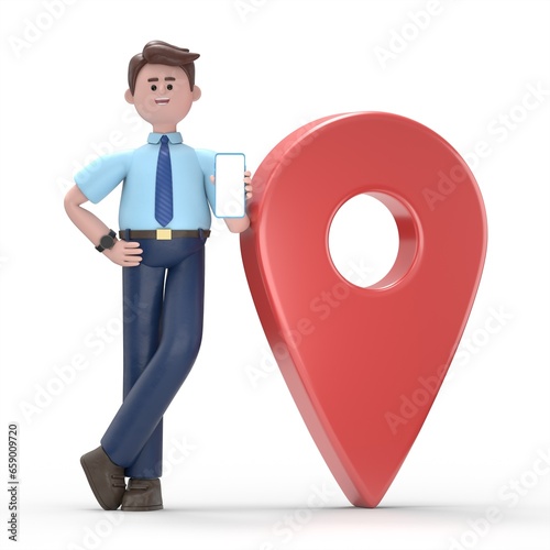 3D illustration of Asian man Felix with Smartphone Standing near GeoPoint sign Mobile Navigation concept isolated on White Background. 3D people collection
 photo