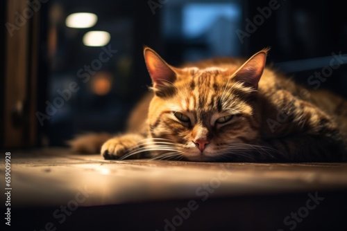 Cat lying on the floor in a dark room