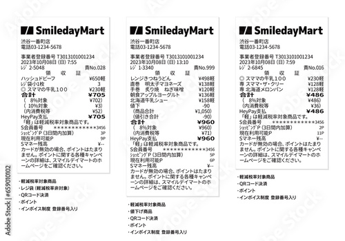 インボイス番号入りコンビニエンスストアのリアルなダミーのレシート 軽減税率、通常税率、値引きのセット
