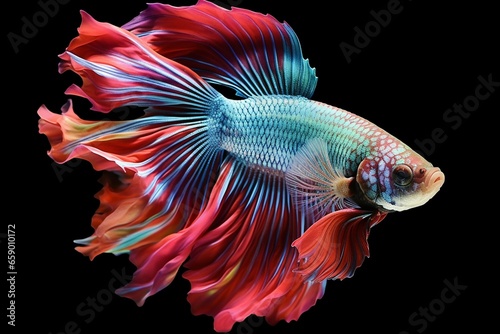 Colorful betta fish with shimmering pink green tail and fins. Generative AI