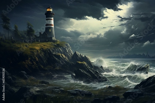 A forgotten lighthouse on an uninhabited island, gradually overgrown by nature, beneath foreboding stormy skies. Generative AI