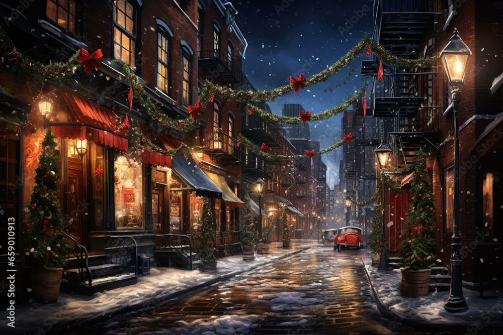 Nighttime winter street scene in bustling New York City. Generative AI