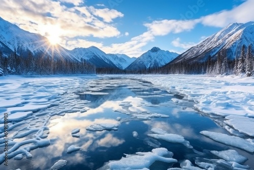 Panoramic winter scenery in Alaska with snowy mountains and a frozen lake. Generative AI