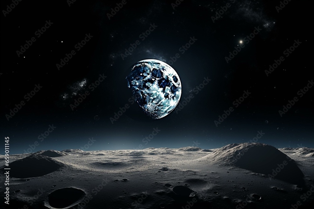 Illuminated background behind earth's fully visible moon. Generative AI