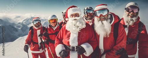 Group of friends wearing santa claus clothes and having fun while skiing in mountains photo