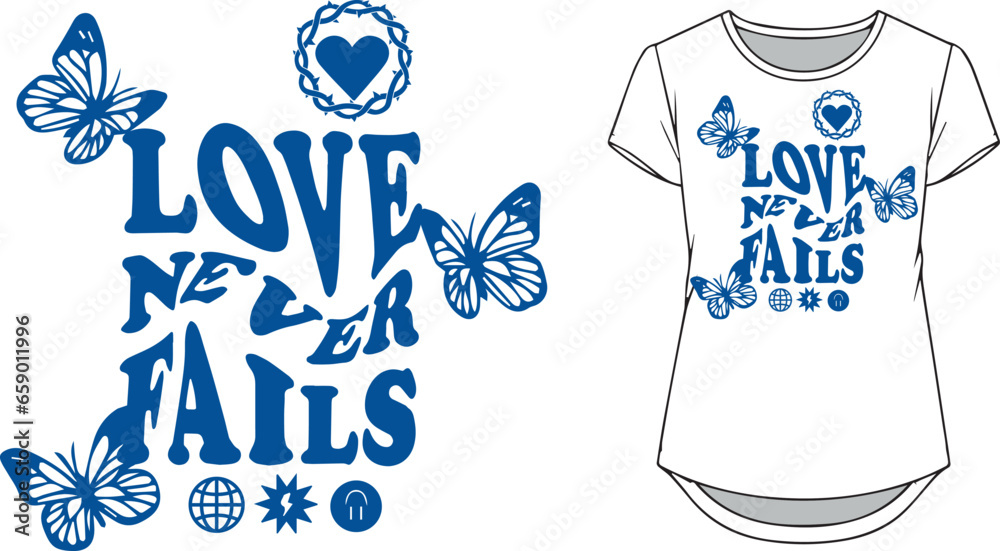 Love never fails typography t-shirt design illustration. In navy blue. - obrazy, fototapety, plakaty 