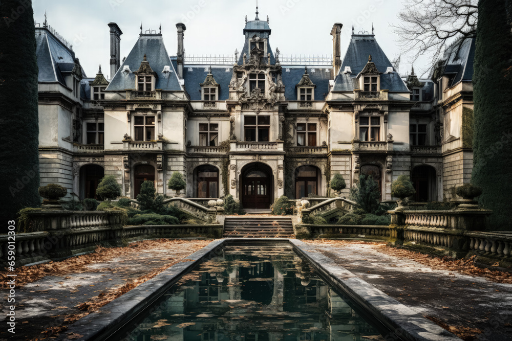 Deteriorating mansion façade stands as a haunting monument of decay 