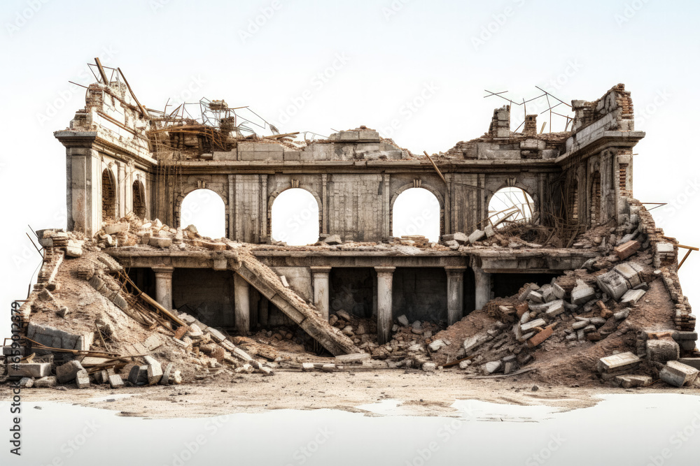 Historical building ruins post-demolition isolated on a white background 