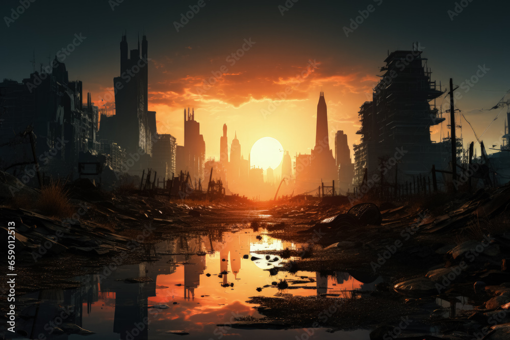 Post-apocalyptic city skyline ruins isolated on a gradient dawn background 