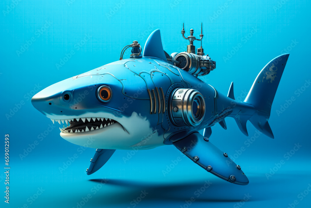 Fototapeta premium Robot shark exploring underwater depths isolated on a blue gradient background