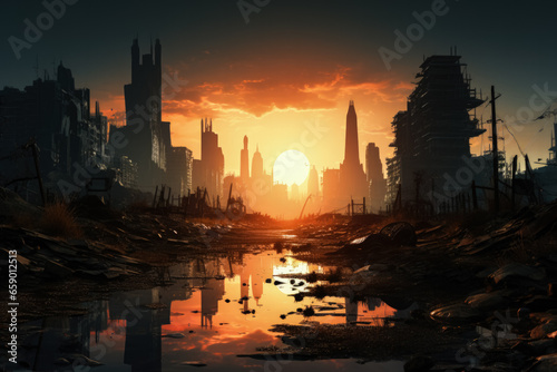 Post-apocalyptic city skyline ruins isolated on a gradient dawn background 